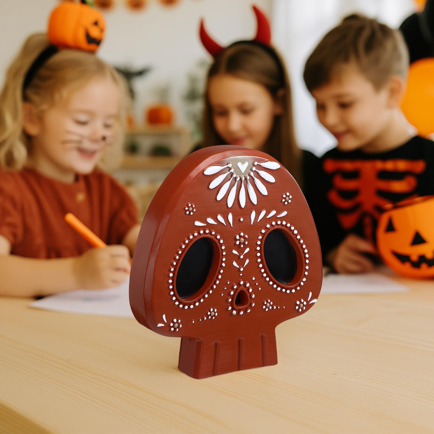 Mexican Skull Table Decor 7.9 Inch Day of The Dead Sugar Skull Dia De Los Muertos Figurines Skeleton Statue Resin Table Centerpiece Ornaments for Halloween Tabletop Mantel Home Decoration Indoor