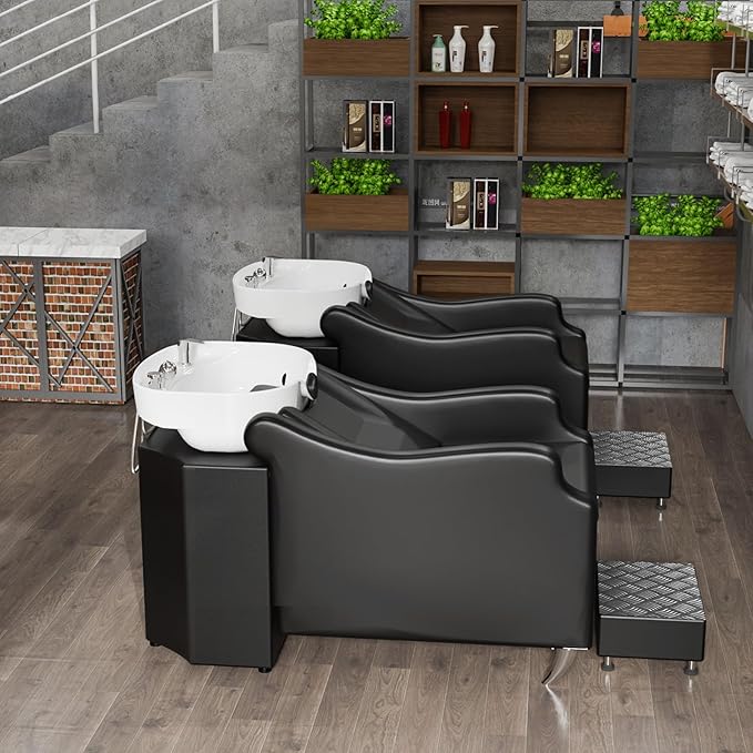 OmySalon Shampoo Backwash Unit with White Porcelain Bowl, Salon Sink Hair Wash Chair Shampoo Station, Barbershop Beauty Spa Massage Hairdressing Equipment