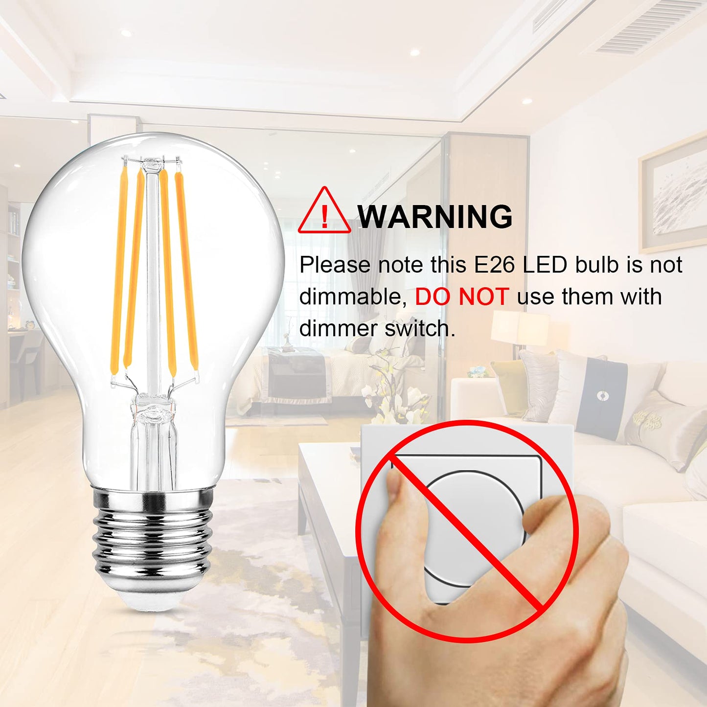 Ascher 60 Watt Equivalent, E26 LED Filament Light Bulbs, Warm White 2700K, Non-Dimmable, Classic Clear Glass, A19 LED Light Bulb with 80 CRI, Pack of 6