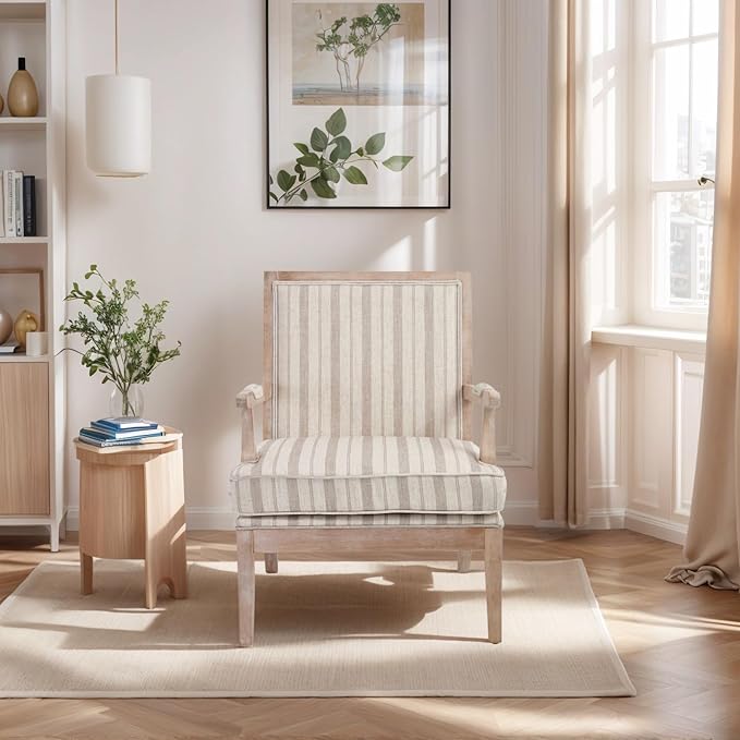DM Furniture Mid Century Modern Accent Chair Upholstered Living Room Chairs with Armrest Linen Comfy Lounge Armchair Retro Solid Wood Reading Chair for Bedroom, Guest Room, Balcony, Khaki Stripe