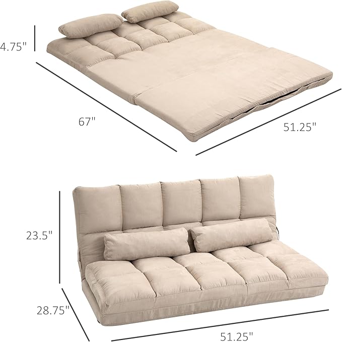 HOMCOM Convertible Floor Sofa Chair, Folding Couch Bed, Guest Chaise Lounge with 2 Pillows, Adjustable Backrest and Headrest, 51.25" L, Beige