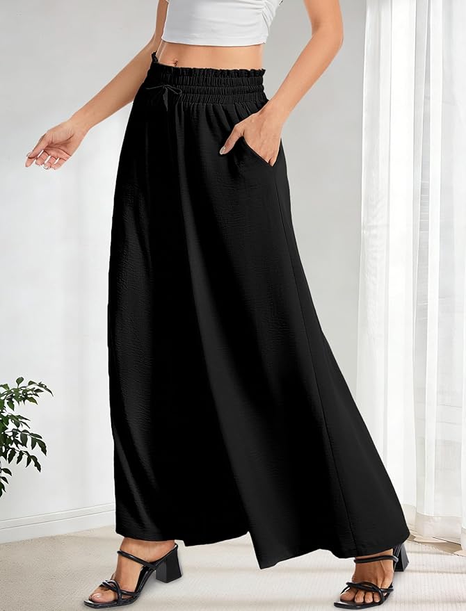 Women’s Wide Leg Pants Drawstring Elastic Waist Casual Trousers Lightweight Loose Lounge Pants with Pockets