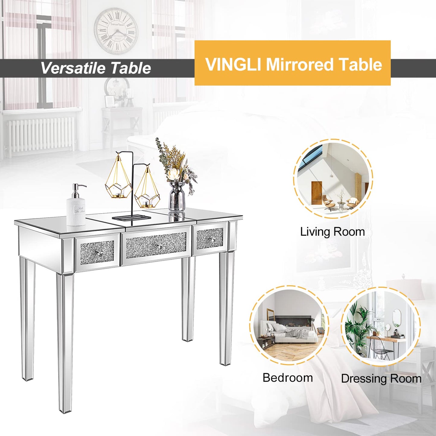 VINGLI Mirrored Vanity Desk With Drawers and Flip Mirror, Glass Table, Silver Makeup Desk for Bedroom/Makeup Room