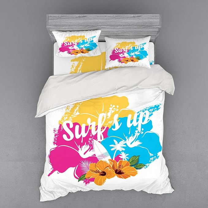 Ambesonne Beach Saying Bedding Set, Tropical Hawaiian Hibiscus Flower Bouquet and Surf up Phrase with Paddle Board, 4 Piec...