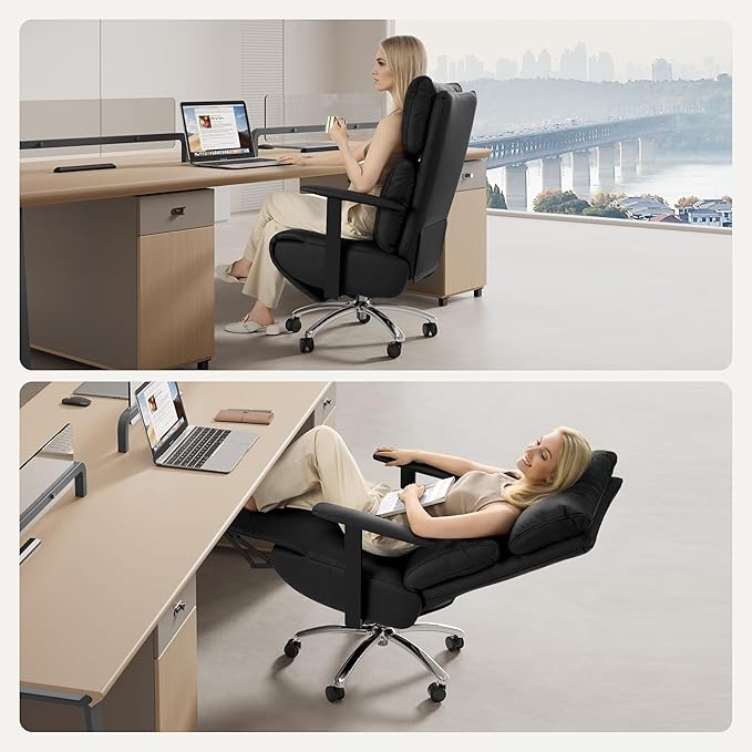 OKUP Reclining Office Chair with Adjustable Headrest and Footrest, 170° Ergonomic Comfortable Office Chair Zero Gravity, Leather Executive Home Office Desk Chair (Black)