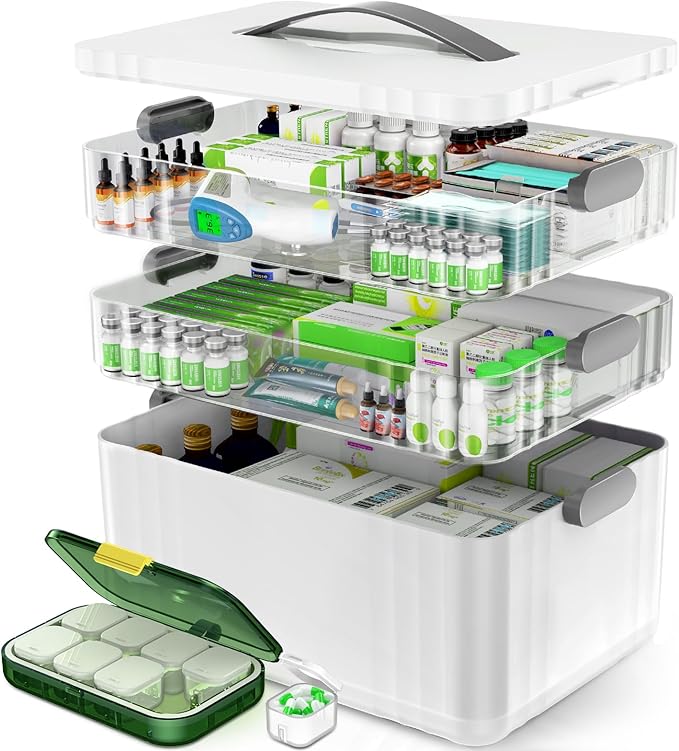 ARSTPEOE 3-Tier Medicine Organizer - Portable Medicine Cabinet with Plastic Handle, Multipurpose Medical Box with Pill Bo...