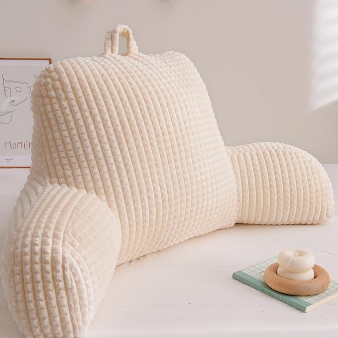 A Nice Night Reading Pillow Bed Wedge Large Adult Children Backrest with Arms Back Support for Sitting Up in Bed/Couch for Lounging Bedrest,Waffle Stereoscopic Design,Ivory