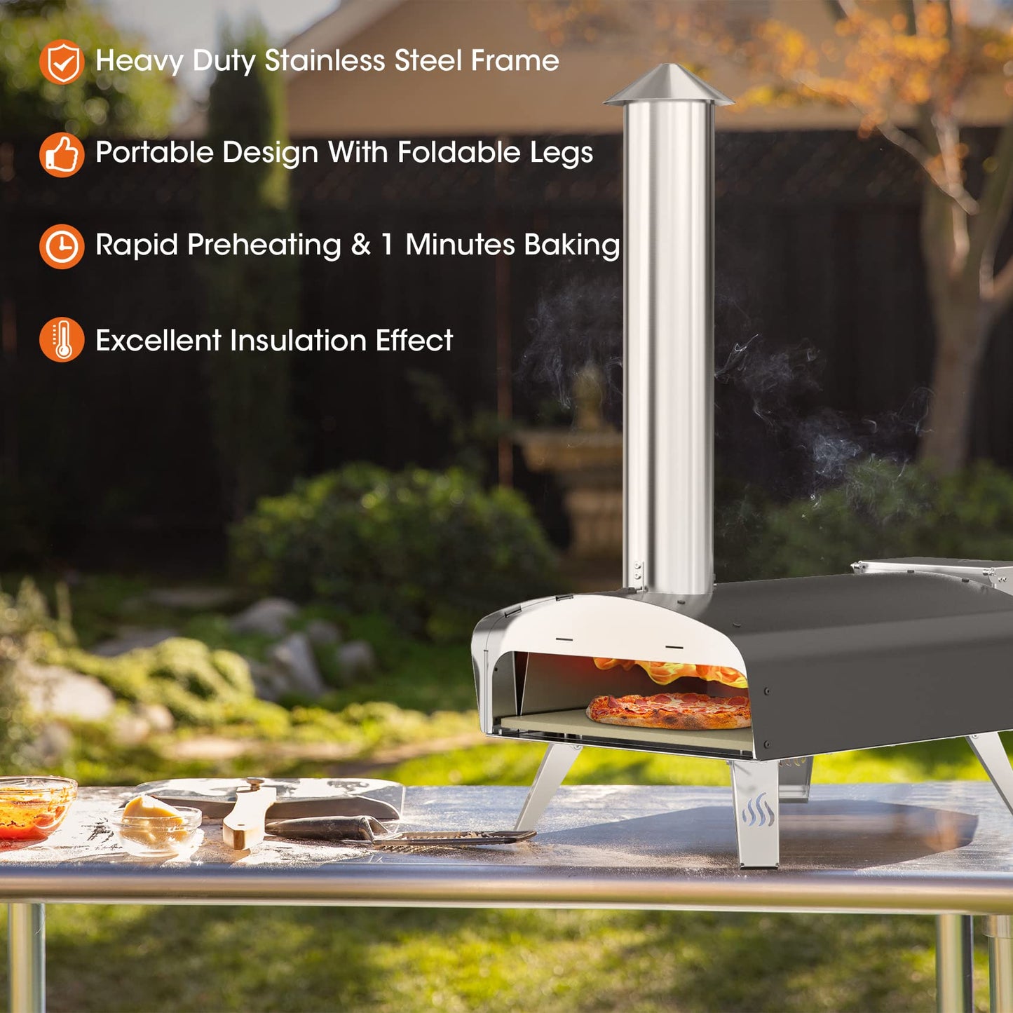 Mimiuo 12" Outdoor Wood Pellet Pizza Oven, 34.8 lbs Heavy Duty Stainless Steel Pizza Stove - 60 Second Pizza, Includes 13" Square Stone Foldable Peel & Cover - Portable for Backyard Camping