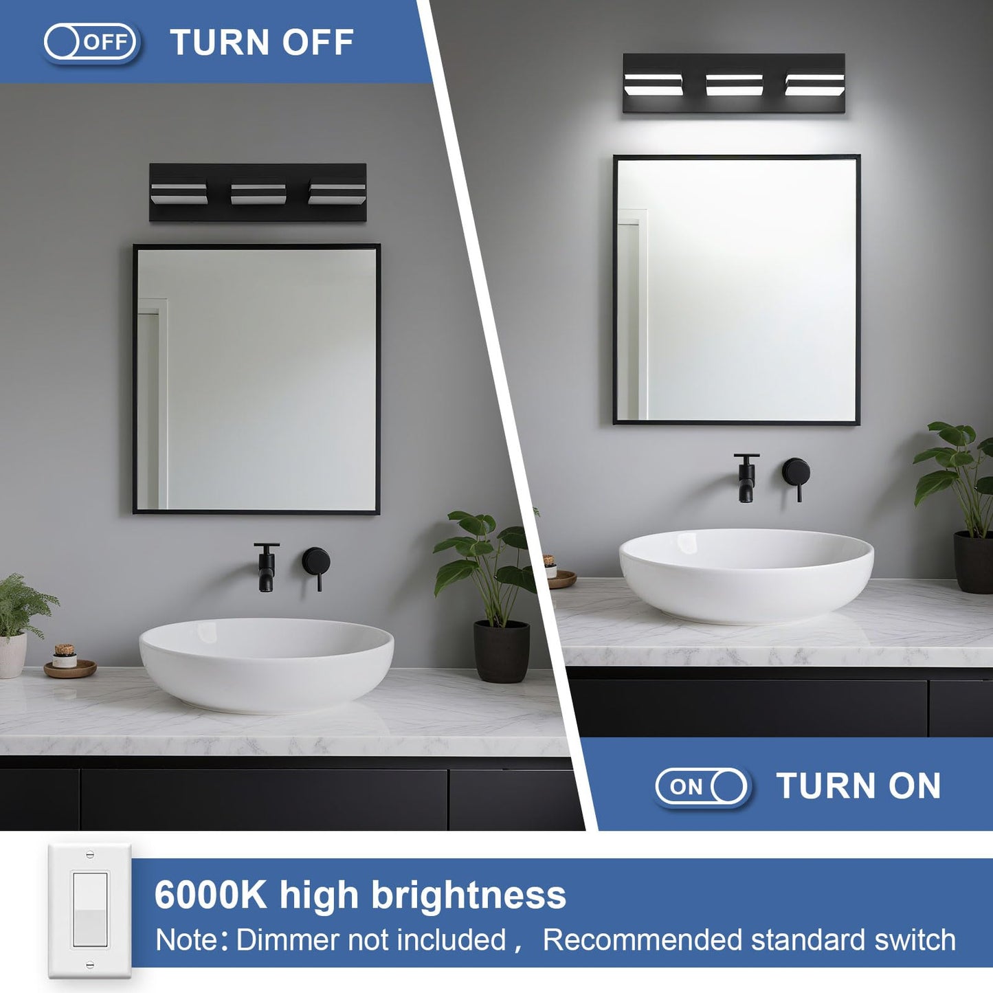 JZEKVN Modern LED Bathroom Lights Fixtures(3-Light),Metal Black Acrylic Wall Lighting,Vanity Lights for Bathroom Over Mirror(6000k 16In