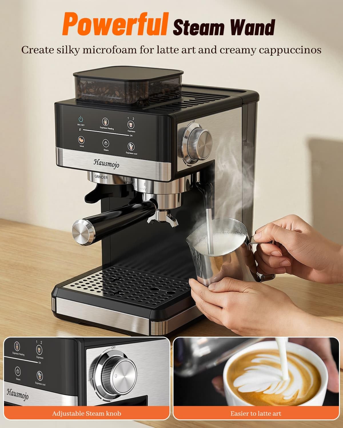 Hausmojo Espresso Machine with Grinder, 20Bar Expresso Coffee Machines with Milk Frother, Professional Compact Stainless Steel Coffee Maker for Espresso, Latte & Cappuccino, Perfect for Home Use