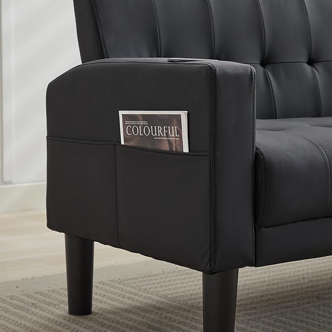 TYBOATLE Sofa Couch 62" W Loveseat w/ 2 USB Charger Ports & 2 Cupholders, Mid-Century Modern Tufted Small Love Seat Couches for Office, Living Room,Bedroom,Apartment,Dorm (3, Black)