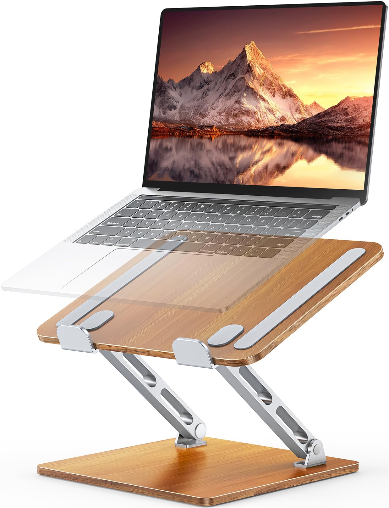 Niweya Ergonomic Laptop Stand, Wood & Aluminum Computer Stand with Adjustable Angle, Foldable Dual-Bar Laptop Riser Holder Stand for Desk, Compatible with MacBook, Dell, HP 10-16" (Royal Teak Grain)