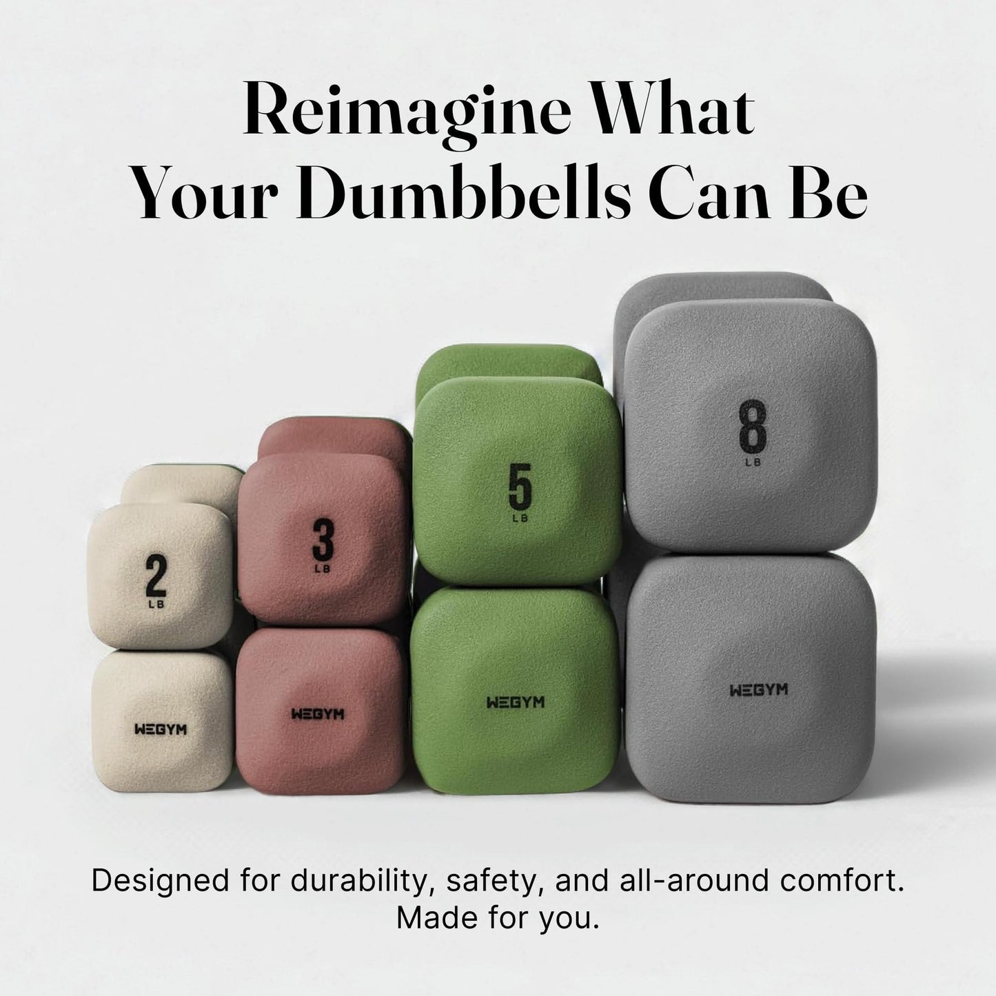 WeGym SafeGrip Square Dumbbells with Anti-Slip Handles, Safe Weight Lifting Equipment for Home Gym, Aesthetic Dumbbell Sets (Starter Set 2+3+5+8LB Pair with Sandstone Rack - Mix Set)