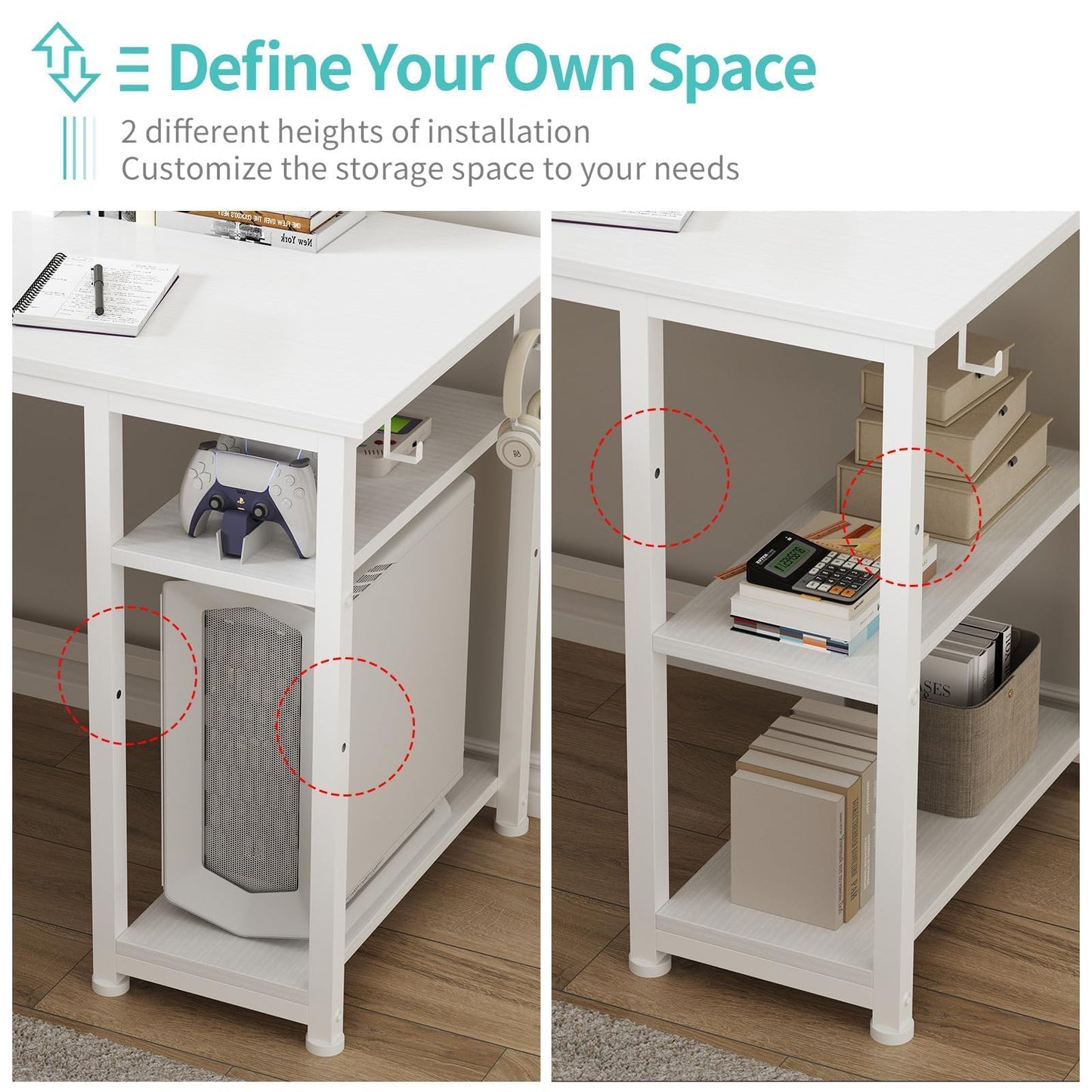 Lufeiya Large L Shaped Computer Desk with Fabric File Drawers Cabinet, 66 Inch Home Office Desks with Filing Cabinet and Storage Shelves, Corner Gaming Desk with 2 Movable Monitor Stands, White