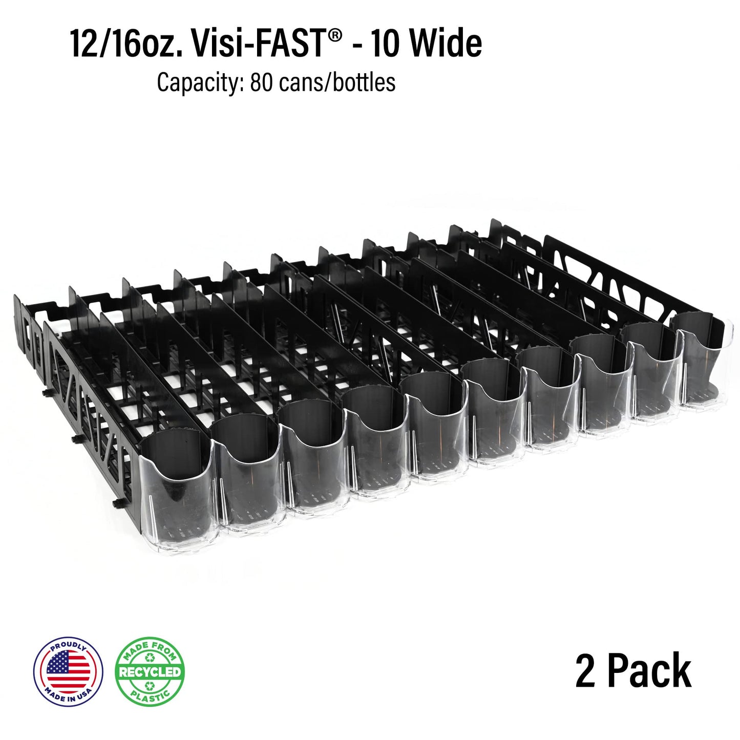 Visi-FAST Spring Push Drink Dispenser, Refrigerator Organizers and Storage for 12/16 oz Beverages, Bottles, and Cans, Drink Dispenser for Fridge, Commercial and Home, (Pack of 2)