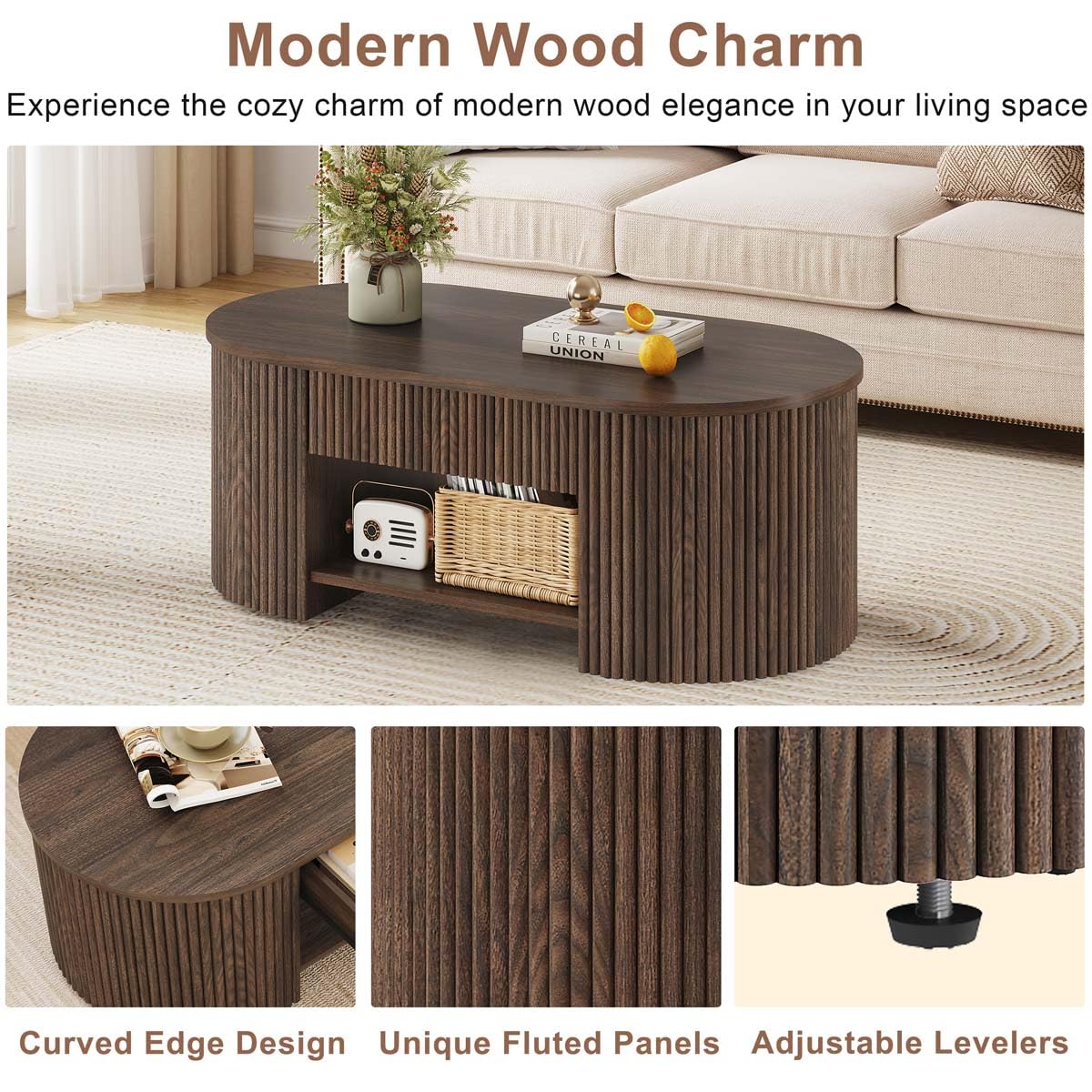 FATORRI Coffee Table with Storage, Mid Century Modern Wood Fluted Center Table with Shelf, Oval Coffee Tables with Drawer (Dark Walnut, 43.31 Inch)