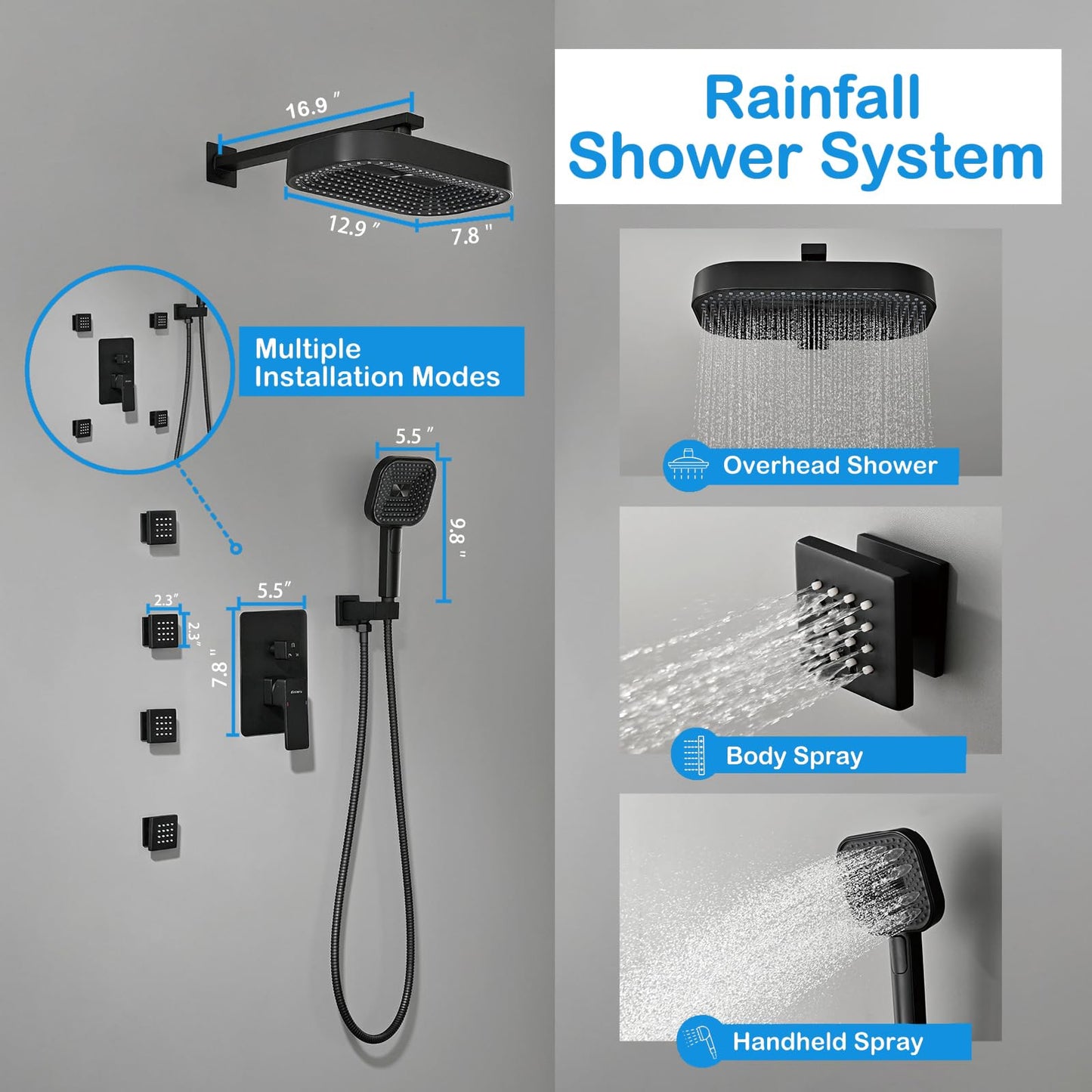 DINIERA 12" Rain Shower System with 4 Massage Body Jets,Shower Faucet Set Luxury Shower Head System with 3-in-1 Handheld,Wall Mounted Shower System Set with Valve and Trim Kit,Matte Black