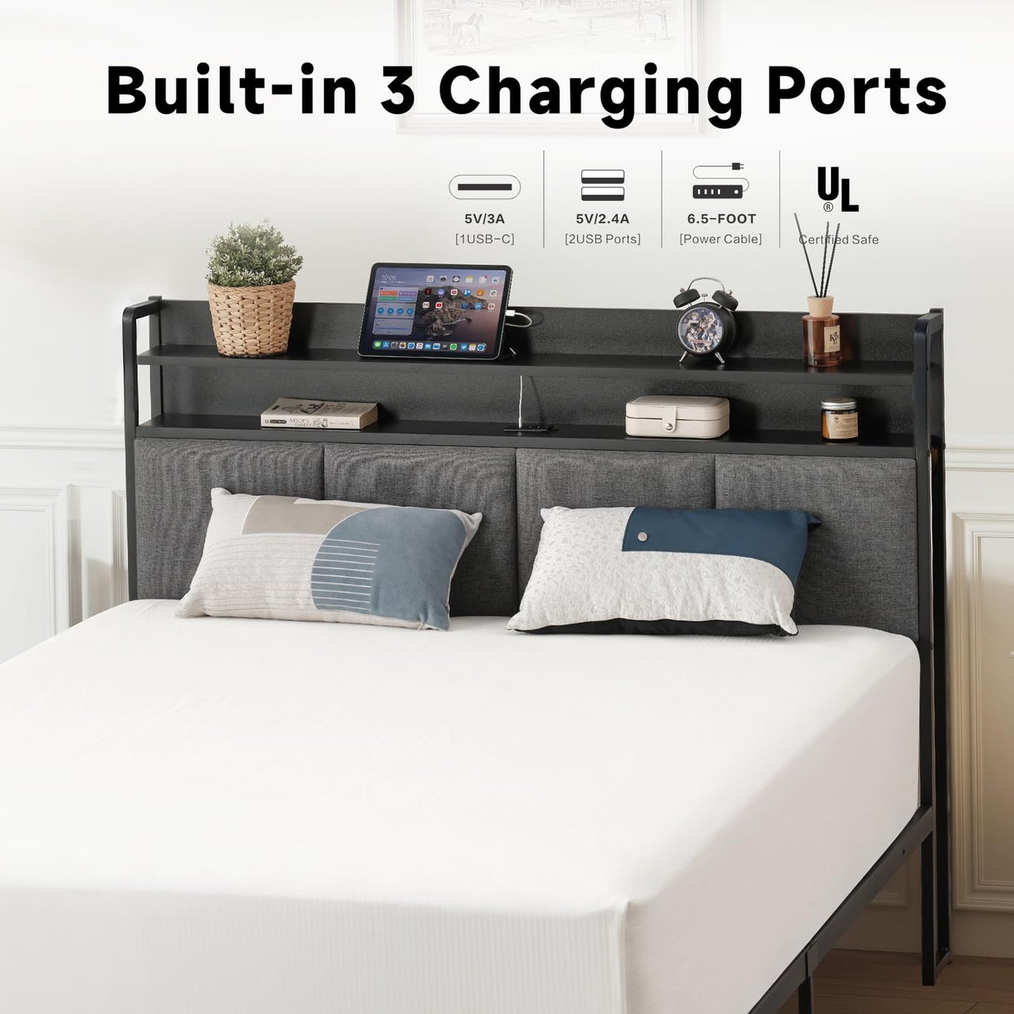 Z-hom Twin Bed Frames, Upholstered Upgraded Metal Bed Frame with LED Lights Headboard & Footboard, Bed Furniture with Charging Station Ports & Storage Shelves, Easy Assembly Bed Frame, Noise Free