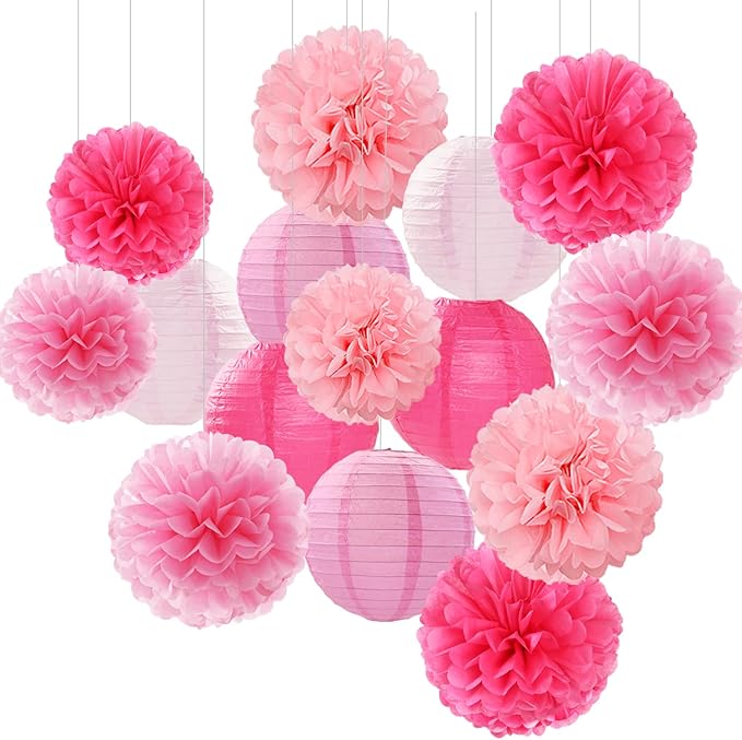Light-Hot Pink Party-Decorations Paper-Flowers Lanterns - 15pcs Graduation Girl Birthday Decor Tissue Pom Poms Streamers, ...