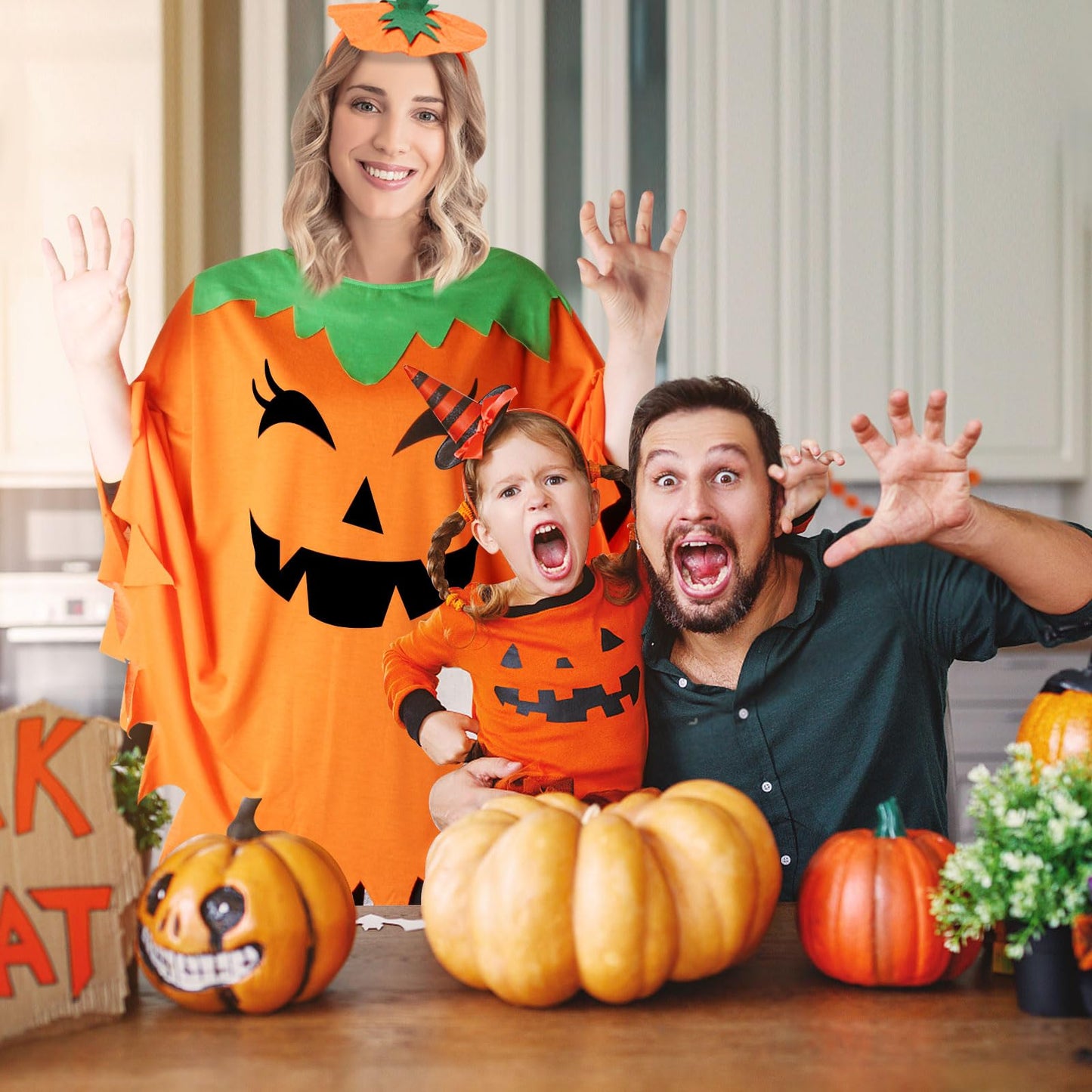 HEYFIZZ 3 PCS Pumpkin Costume for Women,Halloween Pumpkin Poncho for Adults,Halloween Costume for Women with Accessories