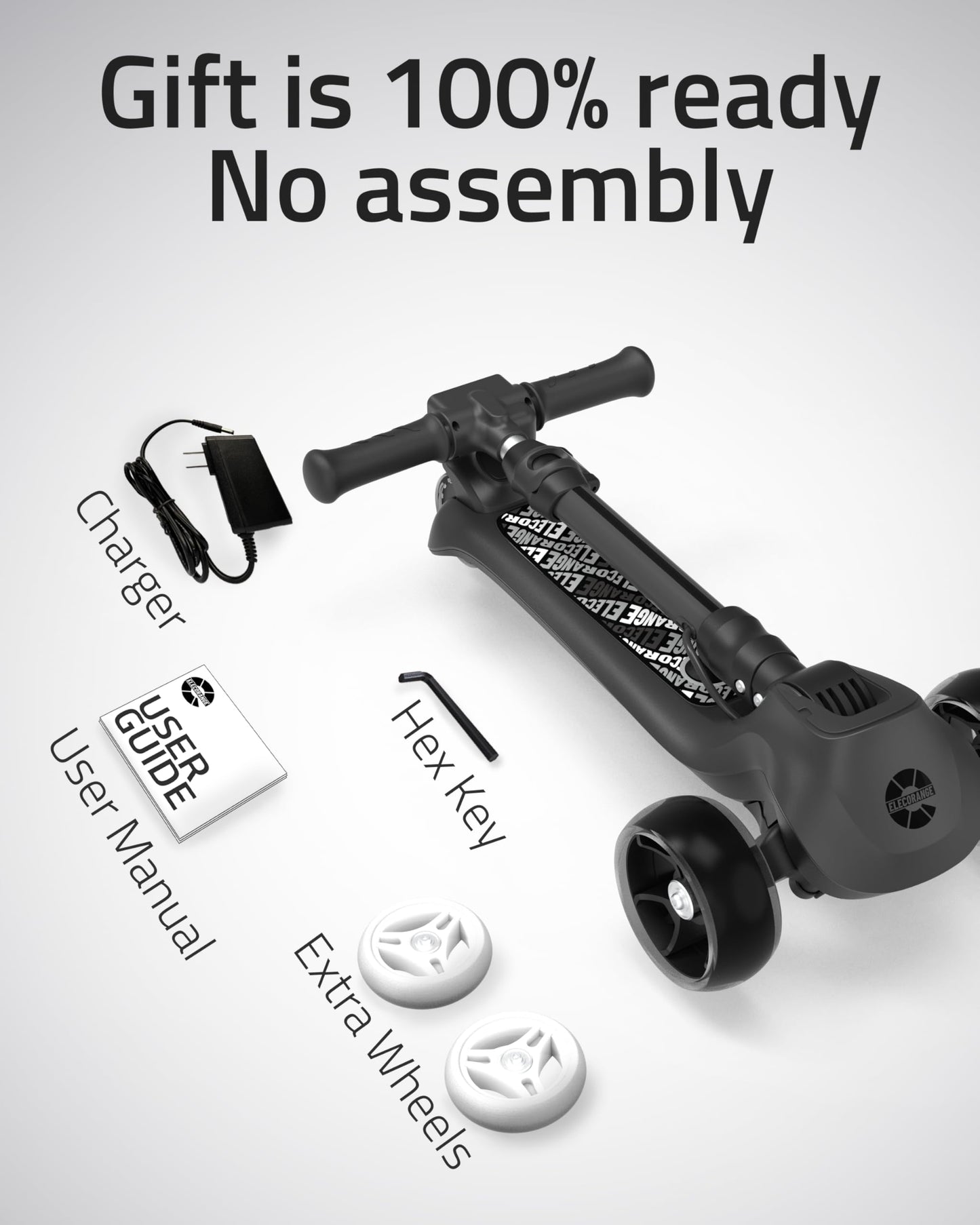 Elecorange T500 Electric Scooter for Kids Ages 4-9, Big Light Up Wheels, Adjustable Heights, Ride On for Children 4-8, 3 Wheel Electric Scooters for Kids, 5-7, Motorized Scooter for Boy, Girl, Black