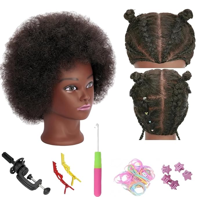 African Braiding Mannequin Head with 100% Human Hair, Cosmetology Mannequin Head with 8 Inch Afro Kinkys Curly Hair Training Manikin Doll Heads for Practice Braiding