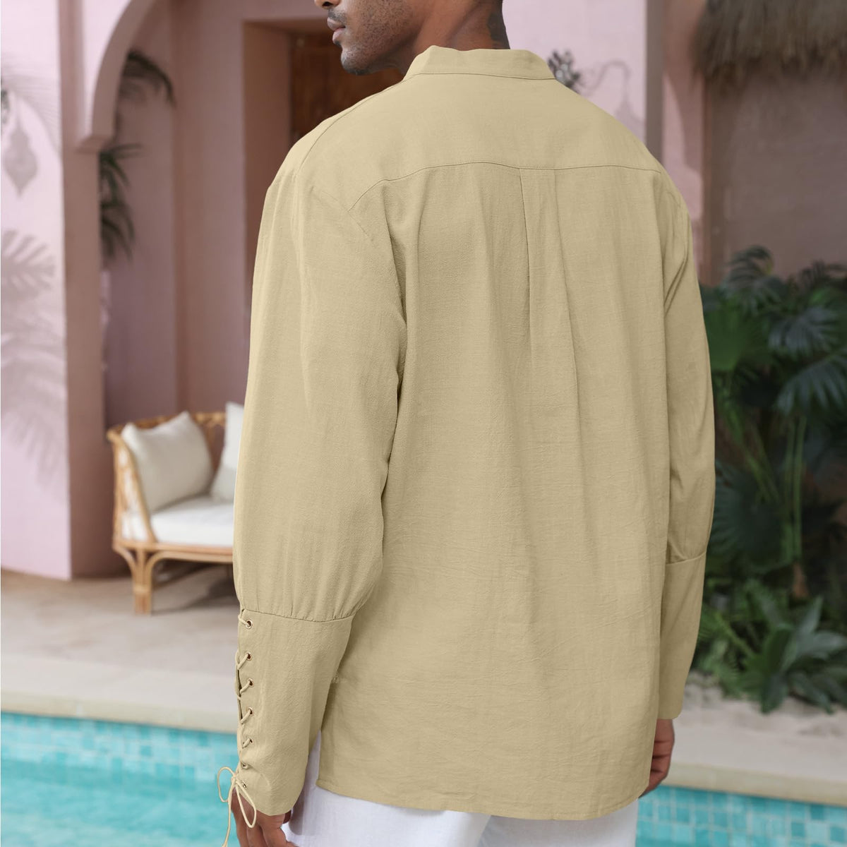 Men's Cotton Linen Shirt Drawstring Arm Banded Tops Medieval Viking Pirate Renaissance Halloween Costume KHAKI M