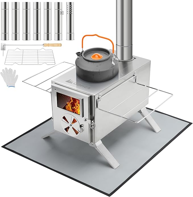 Gonex Hot Tent Stove, Portable Wood Burning Camping Stainless Steel Stove with Chimney Pipes for Tent, Outdoor, Heating, C...