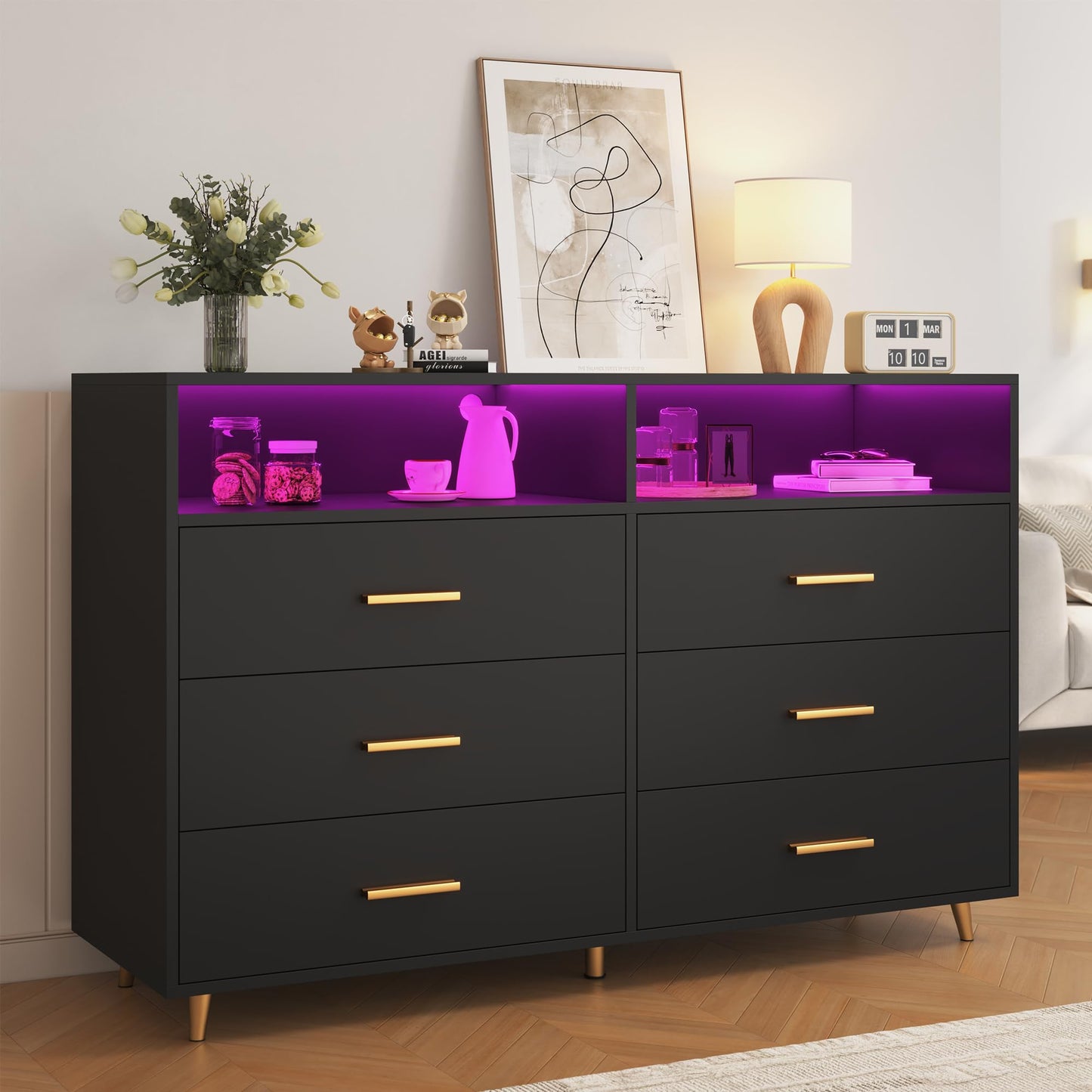Black Dresser with LED Lights, Wood Dresser for Bedroom with 6 Wide Large Drawers,2 Open Shelves Top, Elegant Chest of Drawers for Clothes Storage Living Room Hallway Entryway, 47.2" W