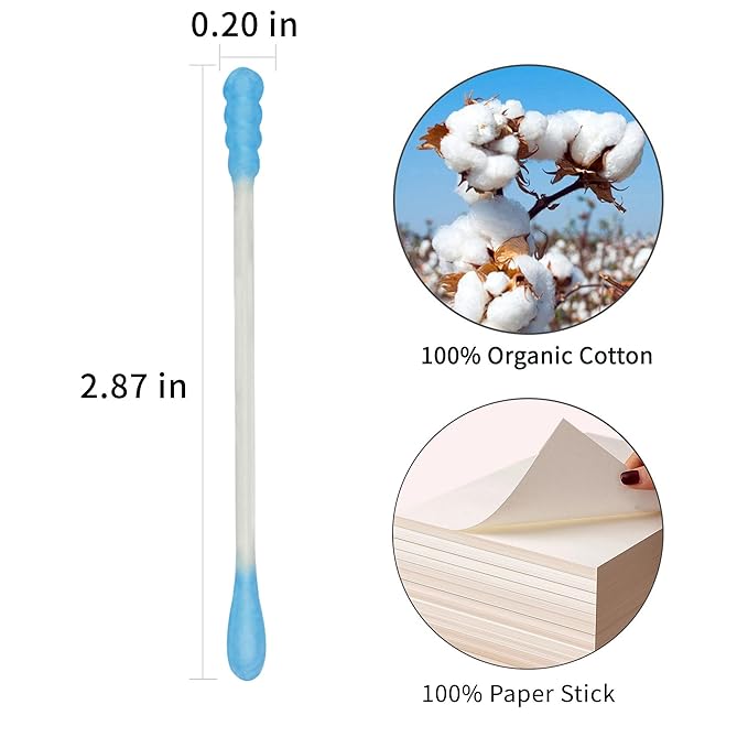 Blue Cotton Swabs Spiral - 600 Count Organic Cotton Buds Double Side Tightly Wrapped Cotton Tips Paper Stick Soft Gentle Lint-Free Cruelty-Free, Round & Spiral (Blue)