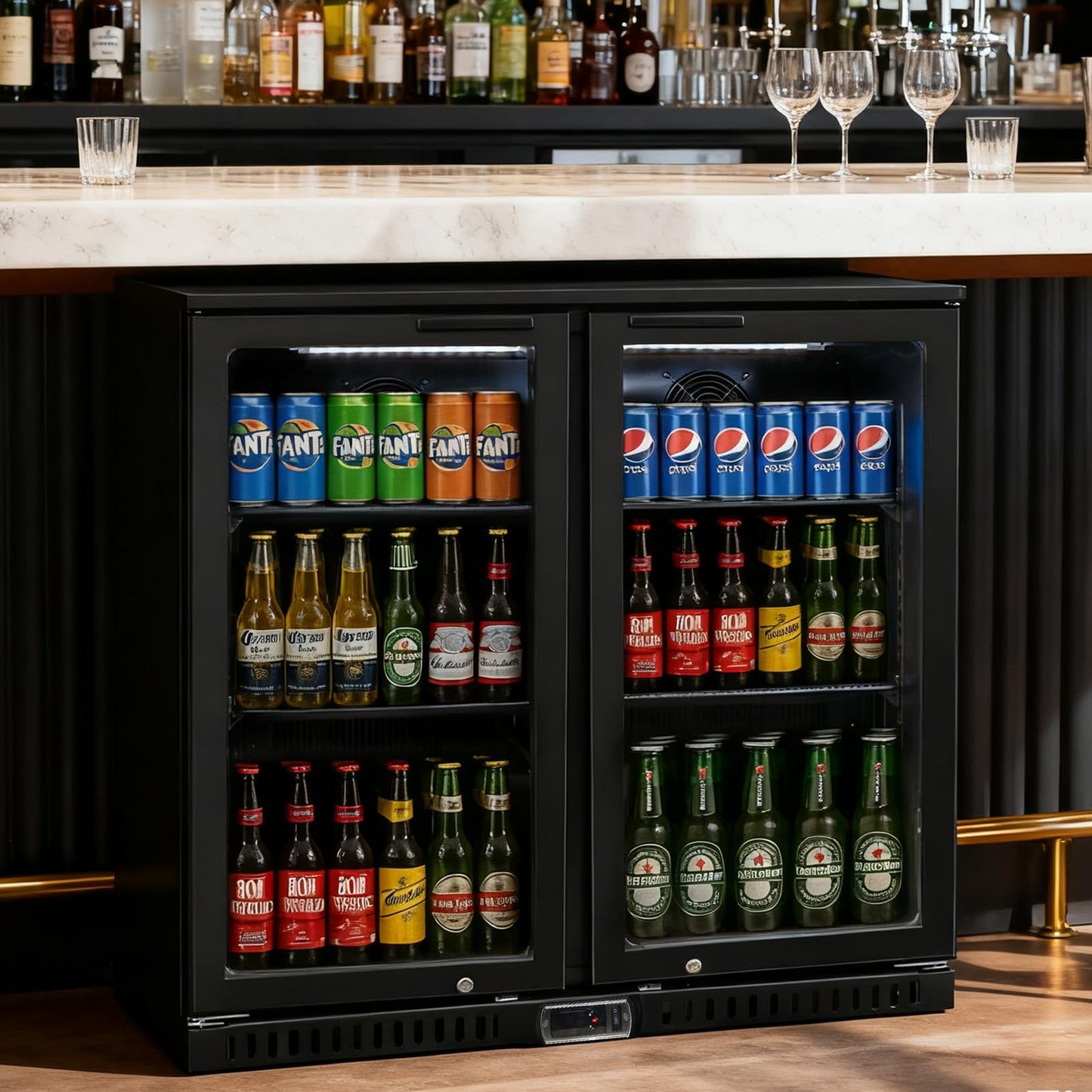 Bluelinecool Commercial Back Bar Cooler with 2 Glass Doors, 7.4 cu.ft Under Counter Beverage Refrigerator, LED Lighting - ETL Certified Beer and Wine Cooler for Bar, Restaurant, Garage, Office, Home