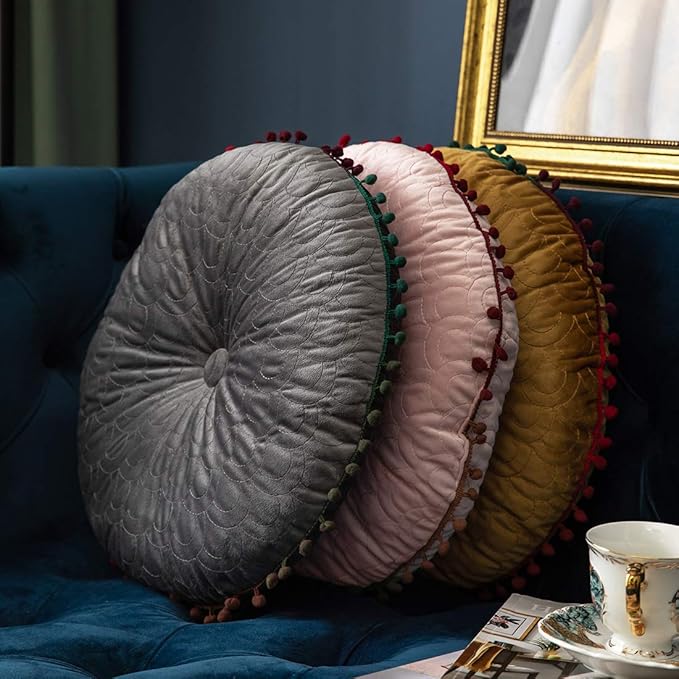 vctops Velvet Soft Round Chair Pads Cute Gradient Pom Pom Indoor Dining Chairs Cushion (Grey, Diameter 16")