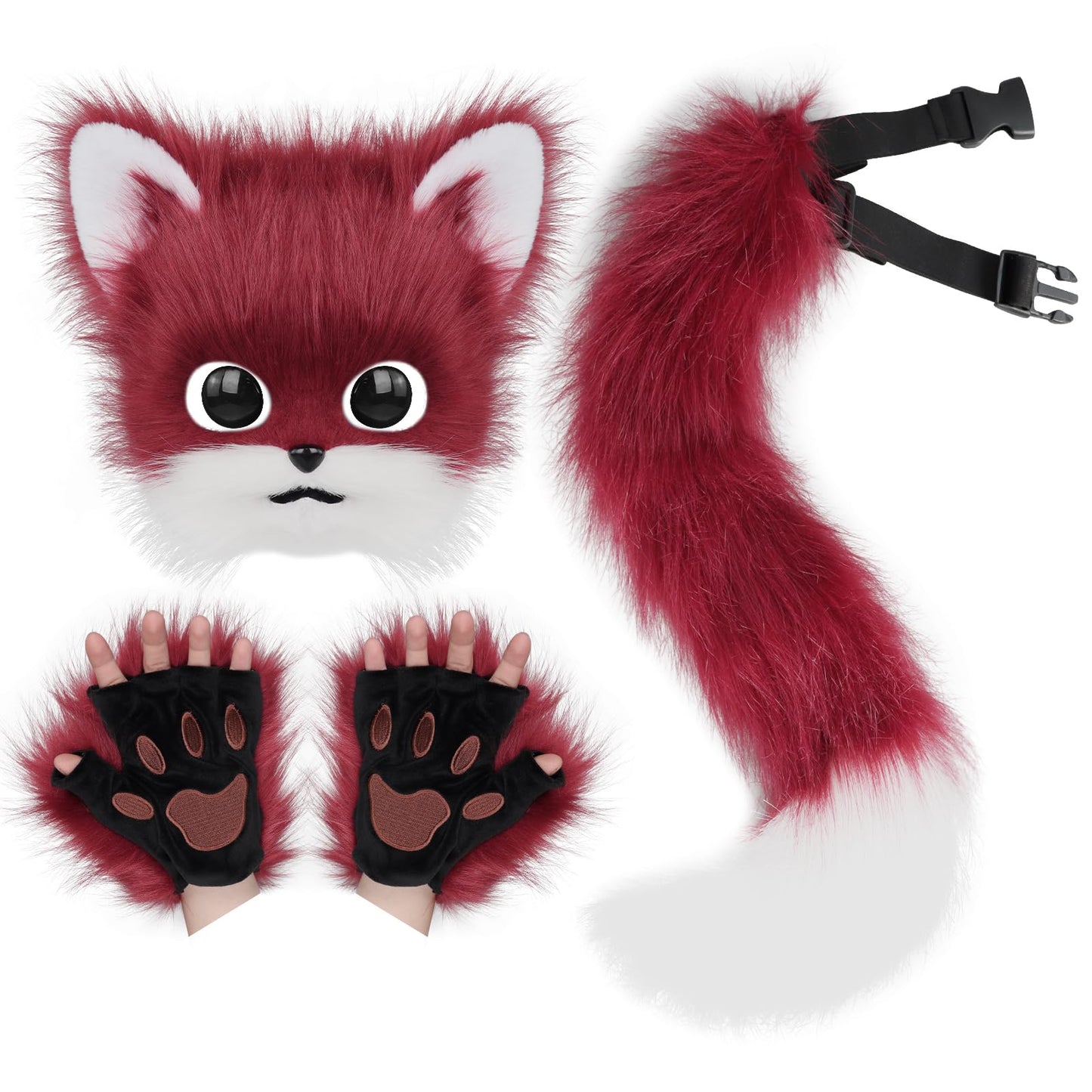 SMILETERNITY Faux Fur Furry Plush Cat Mask Paw Gloves Fox tail Set Costume Cosplay New Year Halloween
