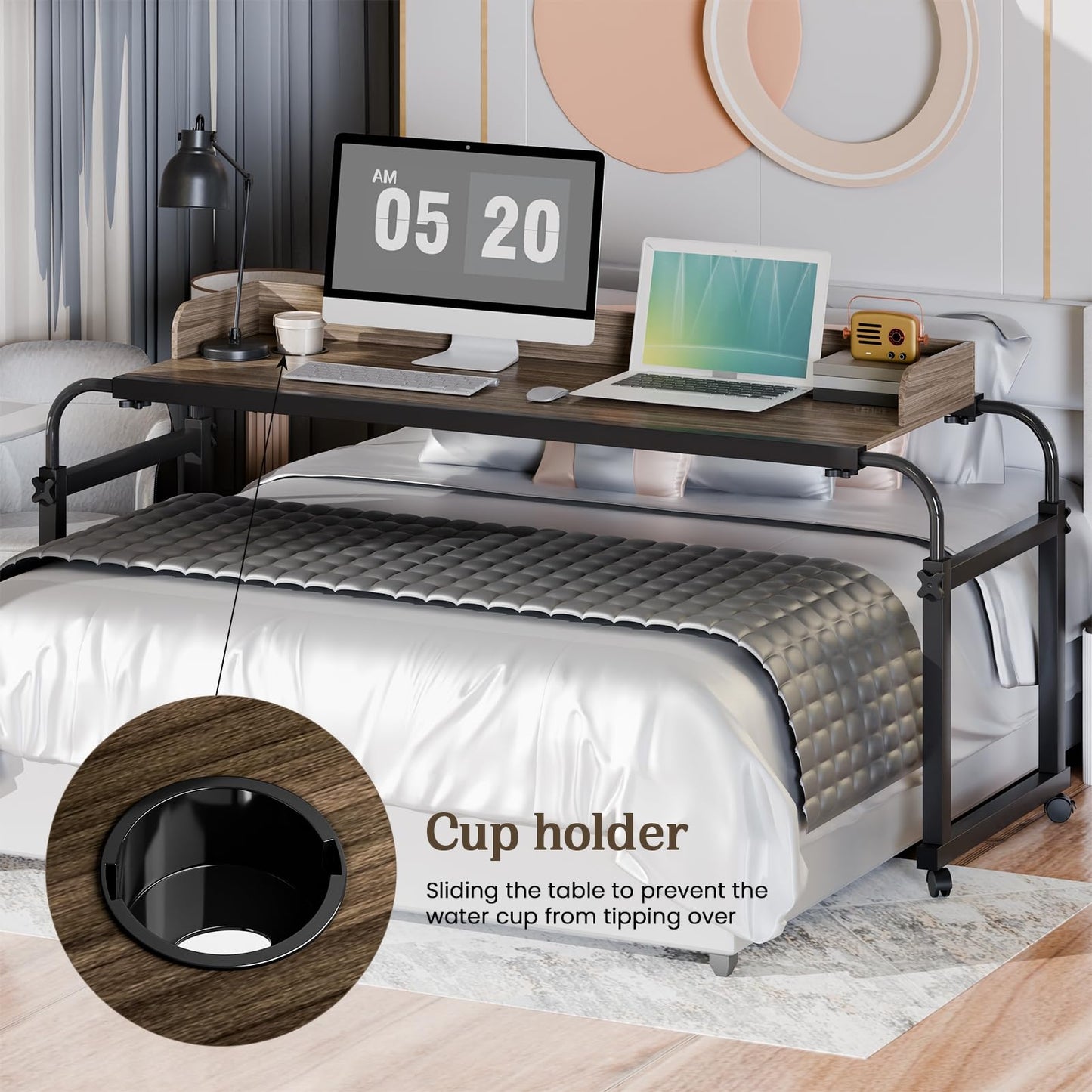 iondelce Overbed Table with Wheels, Length Height Adjustable Bed Desk Recliner Table, Over Bed Table with Baffle and Cup Holder for Home and Hospital, Heavy Duty Metal Frame