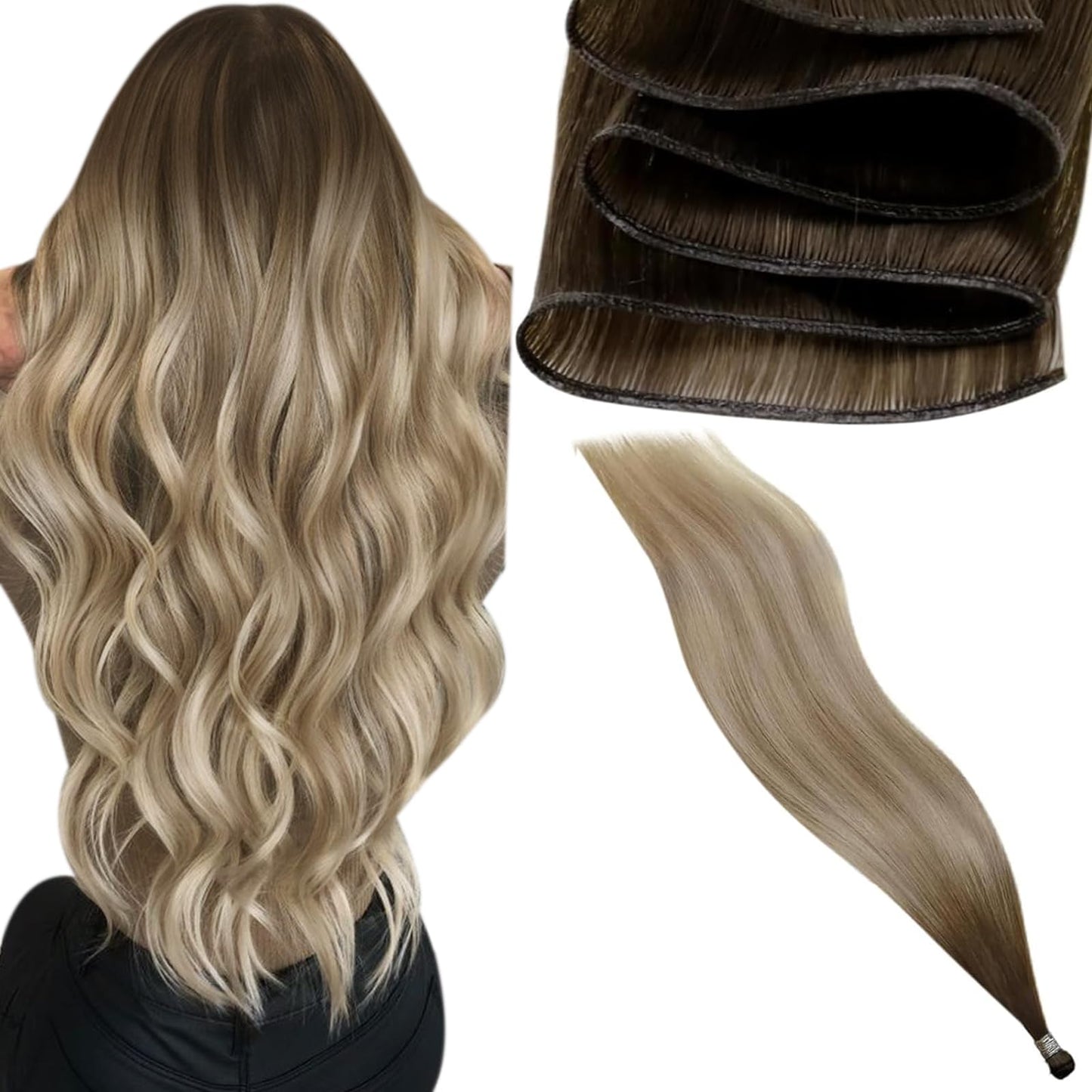 LaaVoo Hand Tied Weft Hair Extensions Human Hair Sew in Hair Extensions Real Human Hair Ombre Dark Brown to Light Brown Mix Blon
