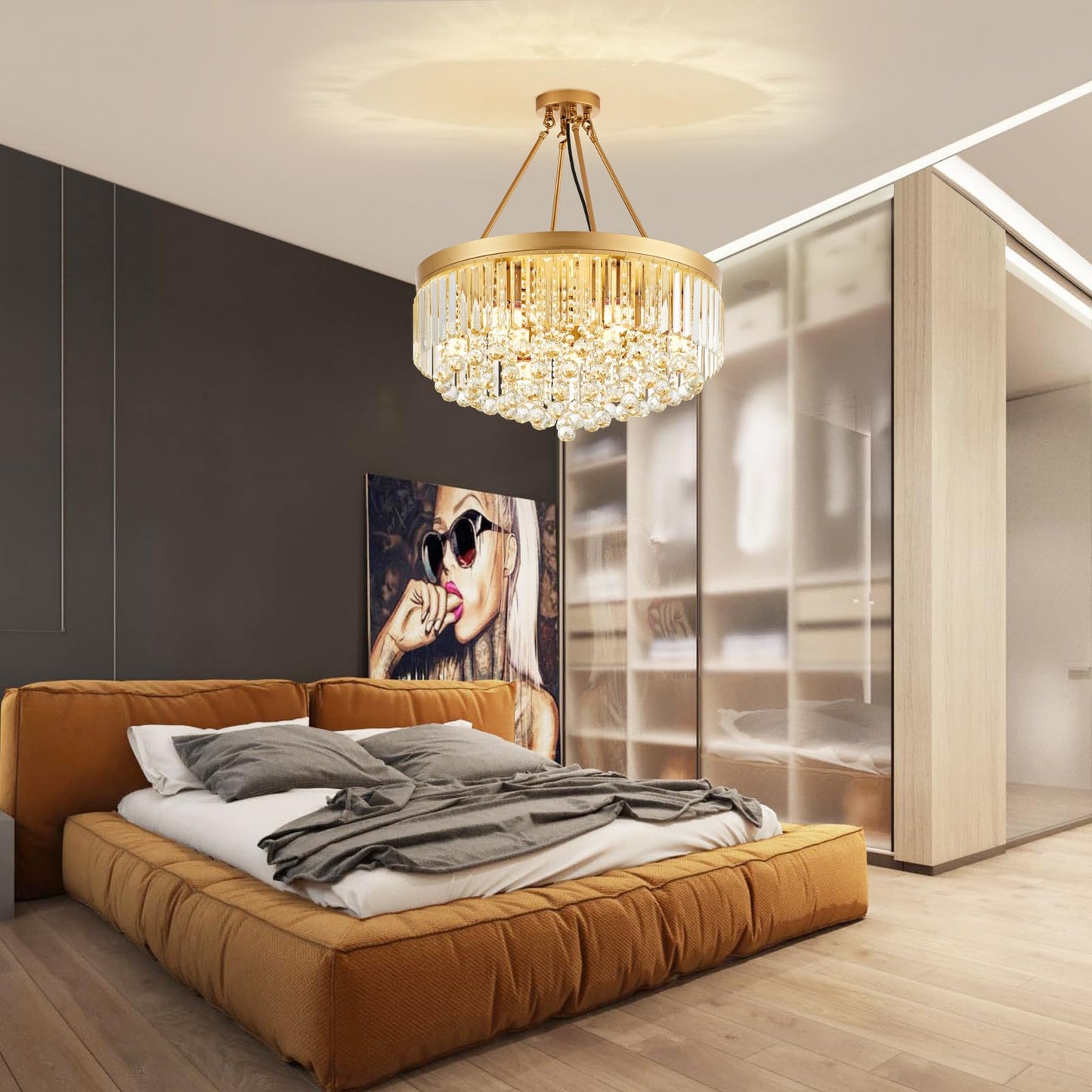 brfaixla 9-Light Gold Crystal Chandelier Contemporary 22'' Modern Semi Flush Mount Crystal Hanging Light Sparkling Decoration for Bedroom Entryway Living Dining Room Kitchen Island Hallway