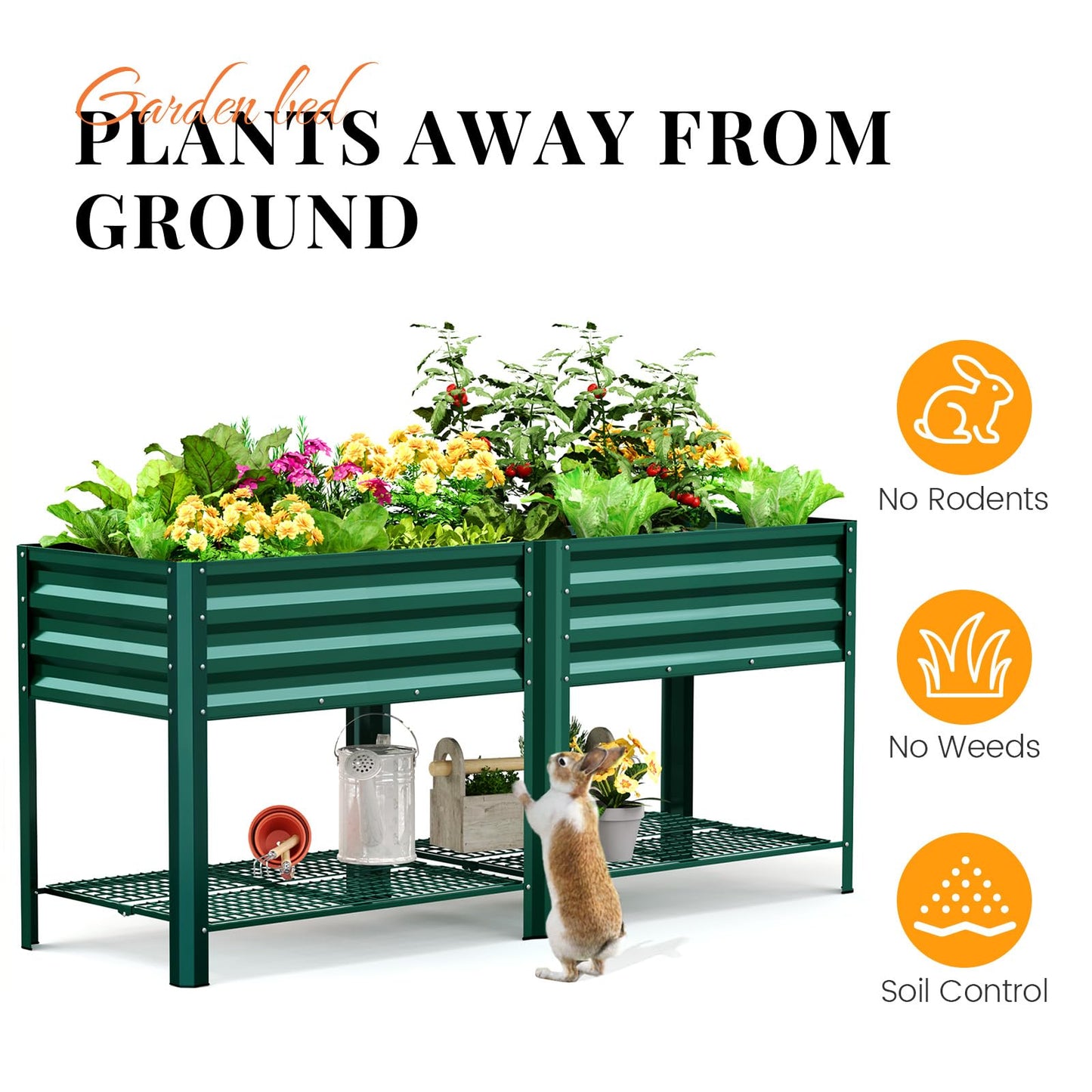 KING BIRD Large Raised Garden Bed with Legs & Storage Shelf Galvanized Elevated Planter Box for Backyard, Patio, Balcony, 600lb Capacity, Green 70.9x22.8x31.5 in