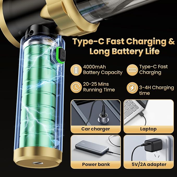 Car Vacuum Portable Cordless - Handheld Vacuum Cleaner with 16000PA Strong Suction, 7-in-1 Air Duster/Blower, Rechargeable Mini Vacuum with Long Battery, Multi-Nozzles for Car,Home, Office, Pet