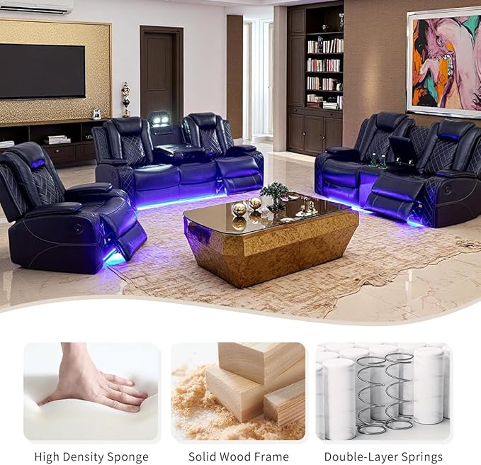 Toseslo Power Recliner Sofa Set, Black Leather 3 Pieces Sectional Couch, Living Room Furniture Sets with LED Light, Modern Power Reclining Sets with Storage Console/Cup Holder for Living Room