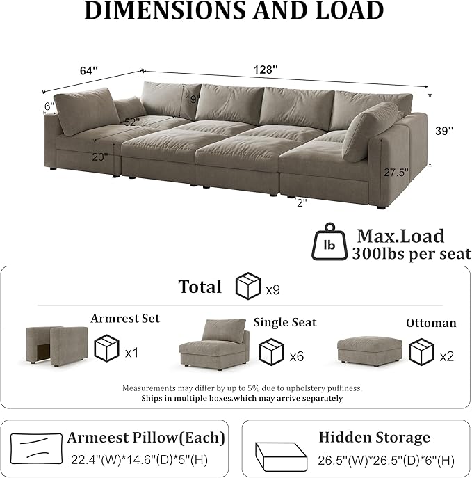 Cloud Modular Sectional Sleeper Sofa with Storage Ottoman, 128" Oversized Sectional Couches for Living Room, Cloud Modular Sleeper Sofa with Chaise, 8 Seater, Chenille, Light Gray