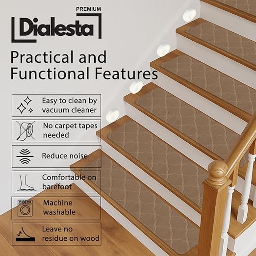 Stair Treads for Wooden Steps Indoor, Includes 15 Non-Slip Carpet Mat 8x30in with 5 Motion Sensor Lamps, Peel & Stick Carpet Stair Treads,Safety Stair Rugs for Kids, Elderly and Pets (Beige)