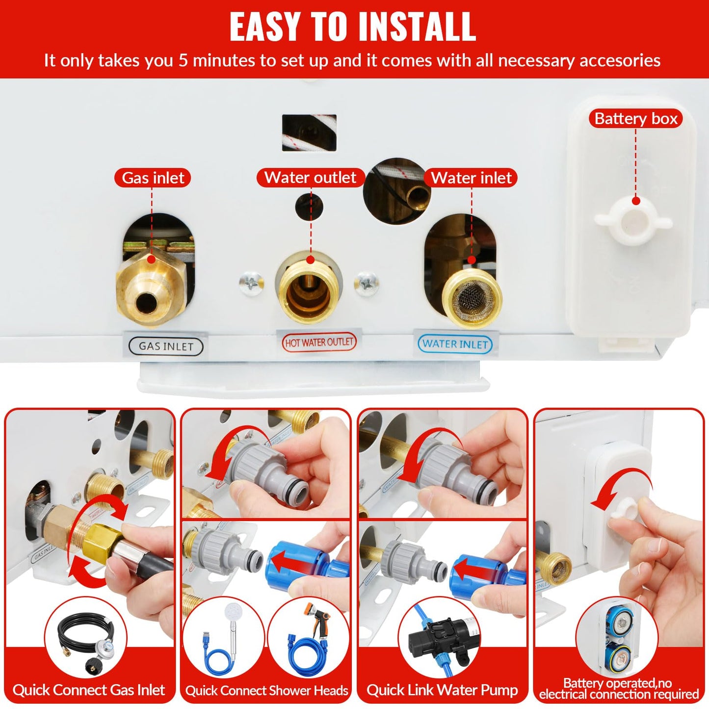 Tankless Water Heater Propane,2.64GPM 10L Outdoor Portable water heater,with 2 GPM Water Pump, with Digital Display Multi-Protection for Camping Trips Boat Cabins