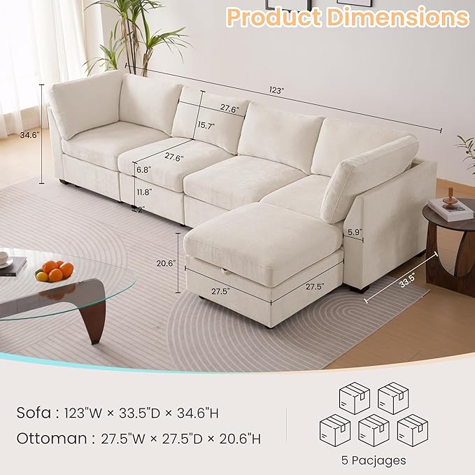 TEKAMON 123" Modular Sectional Sofa with Ottoman,Extra Large Comfy Cloud Deep Seat, Reversible Chaise Modular Sectional Couches for Living Room and Apartmenr,Beige 4seater