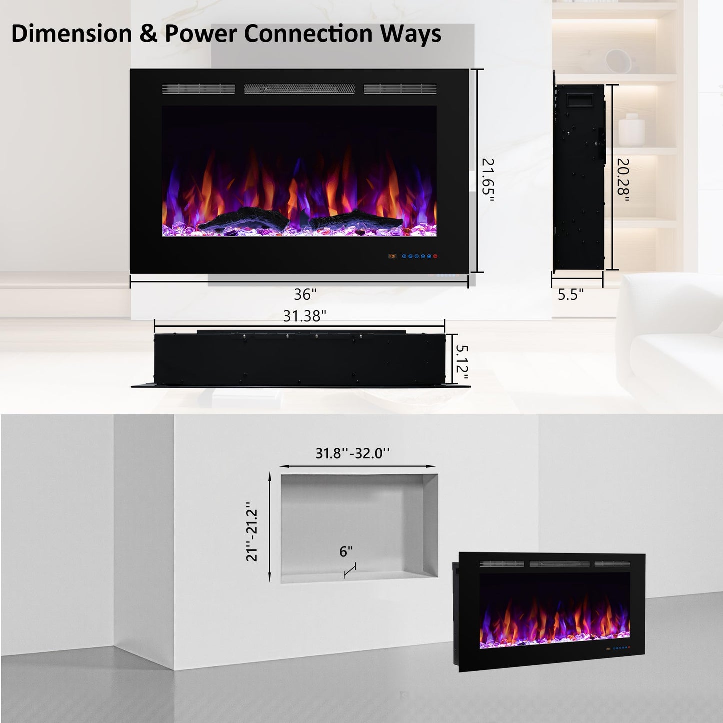 Dreamflame Electric Fireplace 36inches, Wall-Mounted & Recessed Fireplace Inserts, Multicolor Flame w/5 Dimmer, Remote Control Thermostat, Timer, Overheating Protection, Hardwire Connect, 1500W,Black