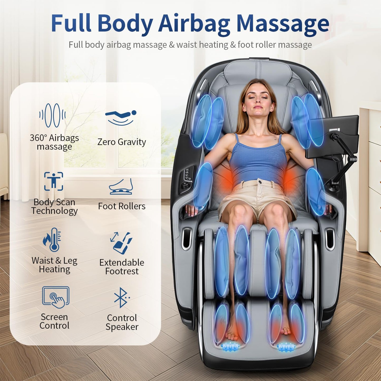 BestMassage Zero Gravity Massage Chair, SL Extra-Long Track Full-Body Massage Chair with Comfortable Backrest Pillow,Bluetooth Voice Control for Living Room, Bedroom (Black)