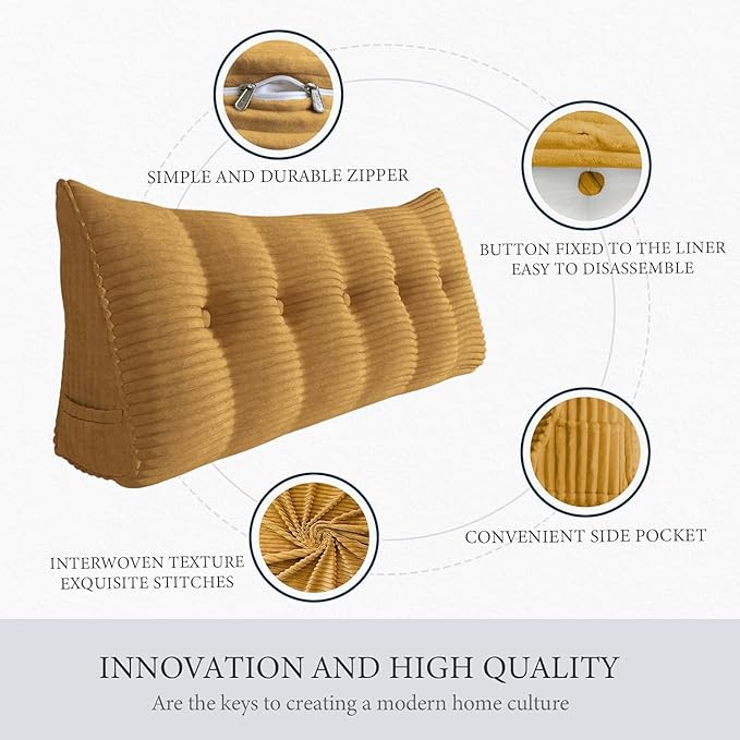Wedge Headboard Pillow Dorm Room Reading Pillow Back Support for Sitting Up in Bed Bolster Lumbar Cushion Body Positioning Bedrest Corduroy (Khaki, Full (54 * 8 * 20in))
