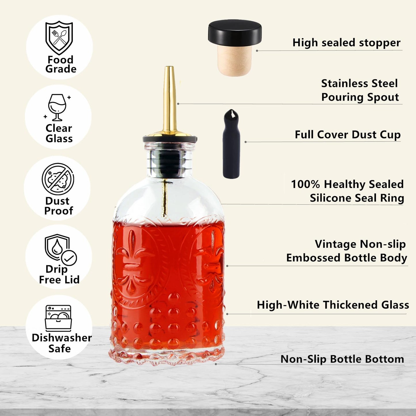 Shining Craft Simple Syrup Bottle, Glass Coffee Syrup Dispenser Bottle 7 OZ With Metal Pour Spout, Labels and Stopper, Glass Syrup Dispenser for Maple Honey Syrup Oil and Sauces, SC059