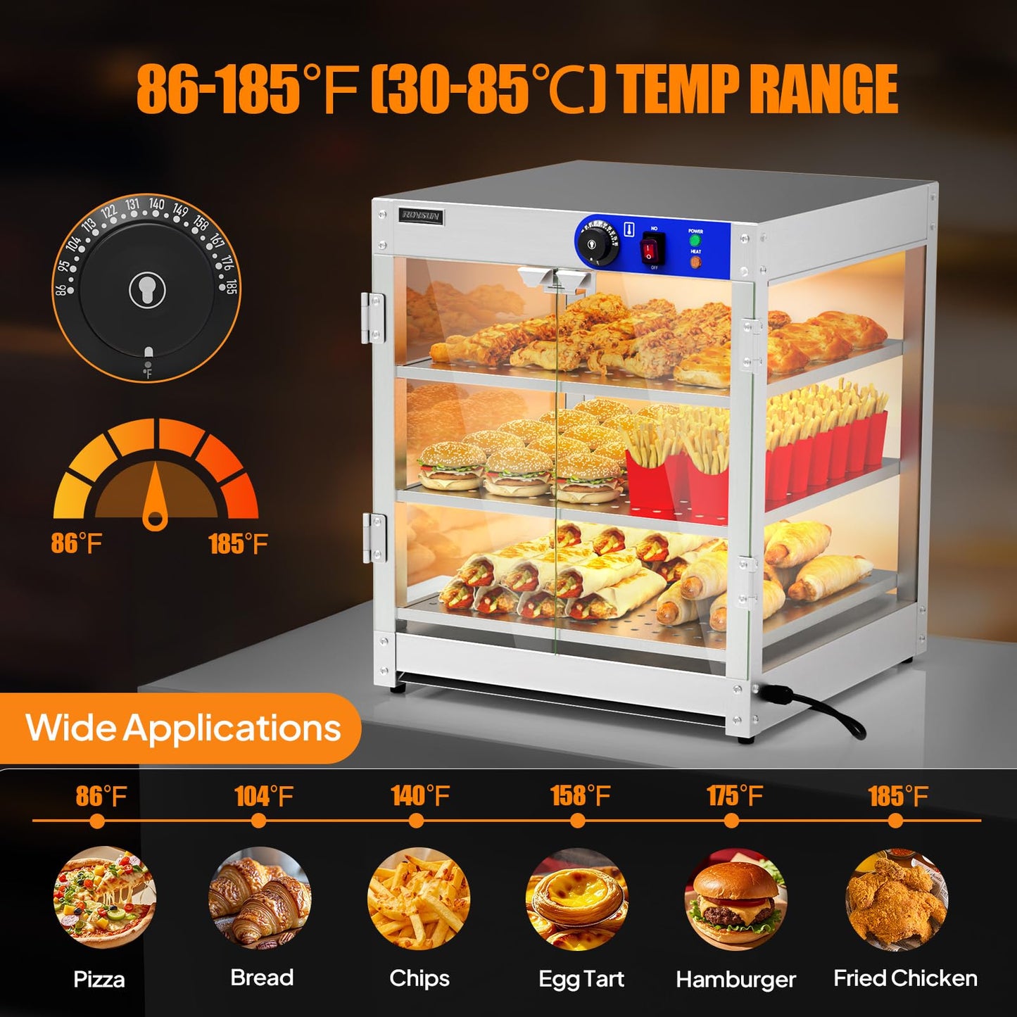 ROVSUN 3-Tier Commercial Food Warmer, Pizza Warmer Food Warmer Display with LED Lighting Removable Shelves Glass Door, Countertop Electric Food Warmer for Buffet Restaurant 110V 800W