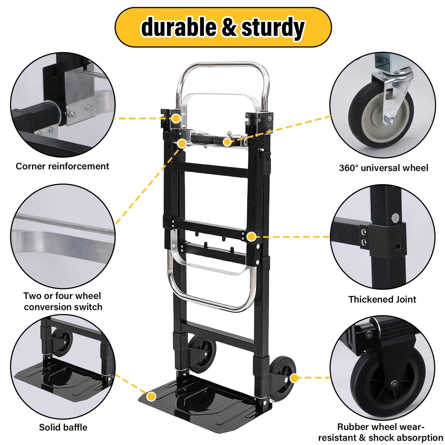 Upgraded 3 in 1 Folding Hand Truck, 600lbs Capacity, Heavy Duty Convertible Dolly with Retractable Handle and 4 Rubber Wheels, Collapsible Cart for Moving Home, Office, Warehouse (Black)