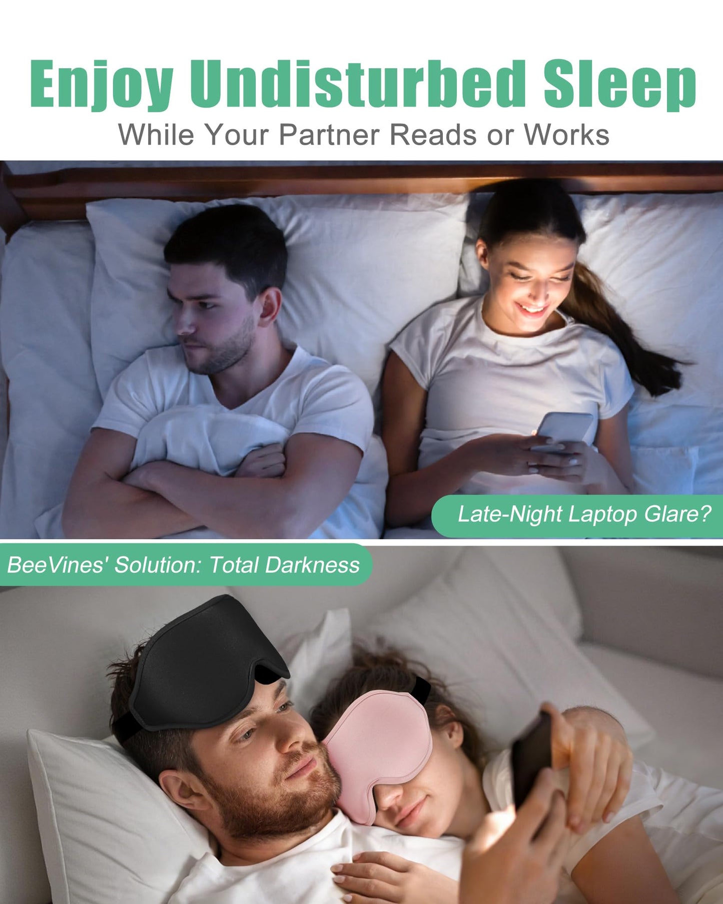 BeeVines 2 Pack 3D Contoured Sleep Mask Sleeping Eye Masks for Lash Extensions, Night Molded Mask with Adjustable Strap, 100% Block Light Eye Shade Cover for Traveling Yoga Nap